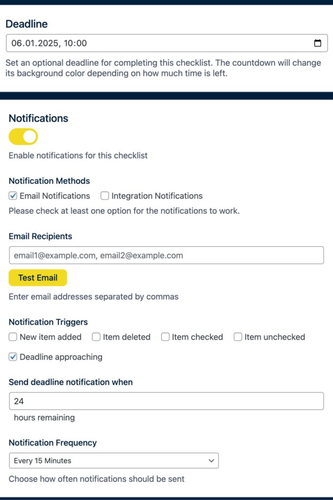 Screenshot of checklist deadline and notification settings