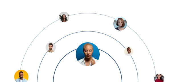 Diverse people connected in a circular network layout.