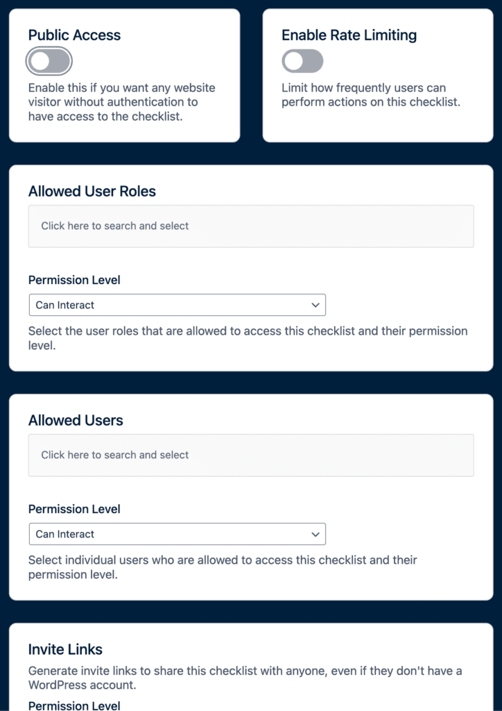 User interface for managing checklist access settings