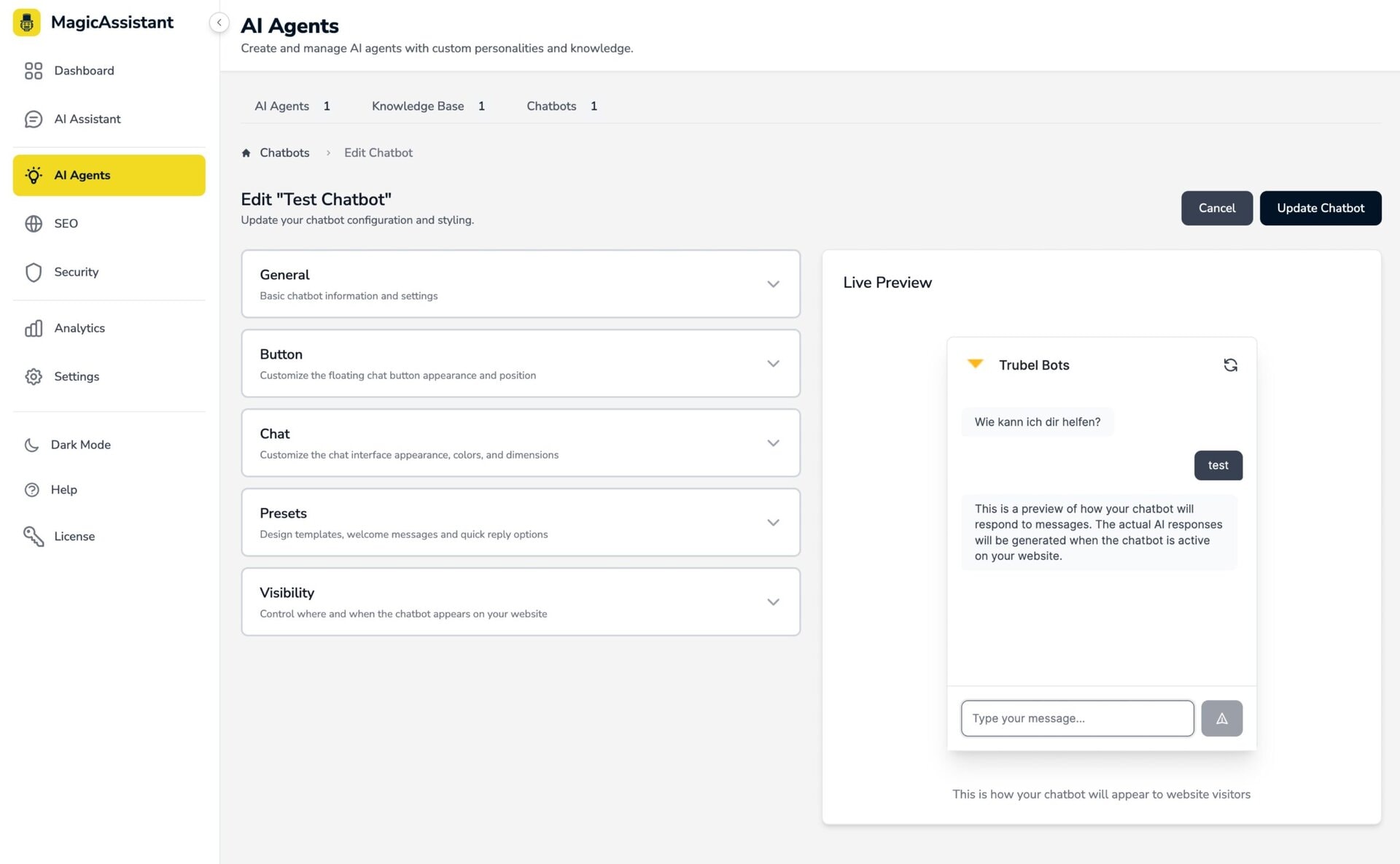 Screenshot of chatbot editing interface with live preview