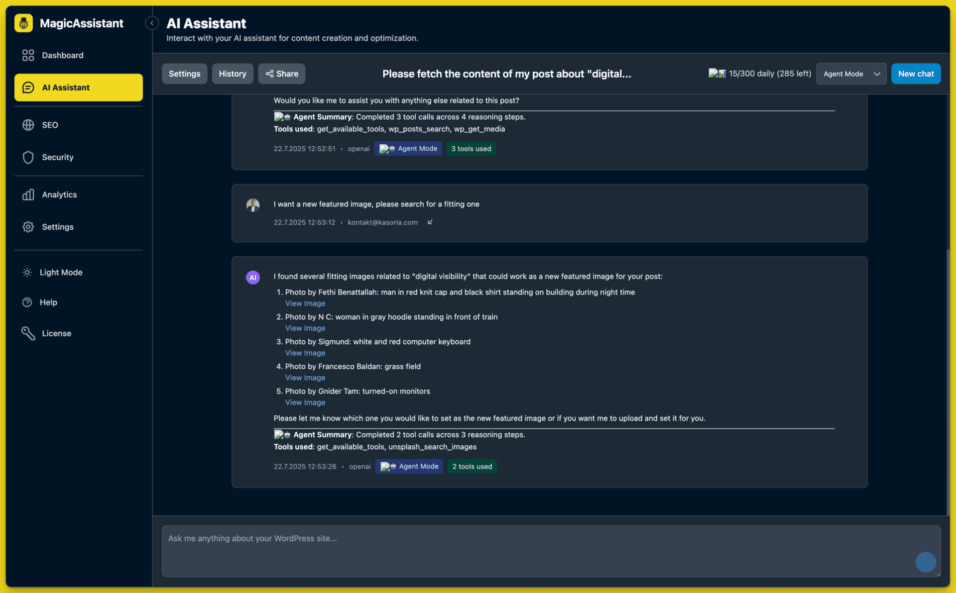 Screenshot of AI Assistant interface on MagicAssistant