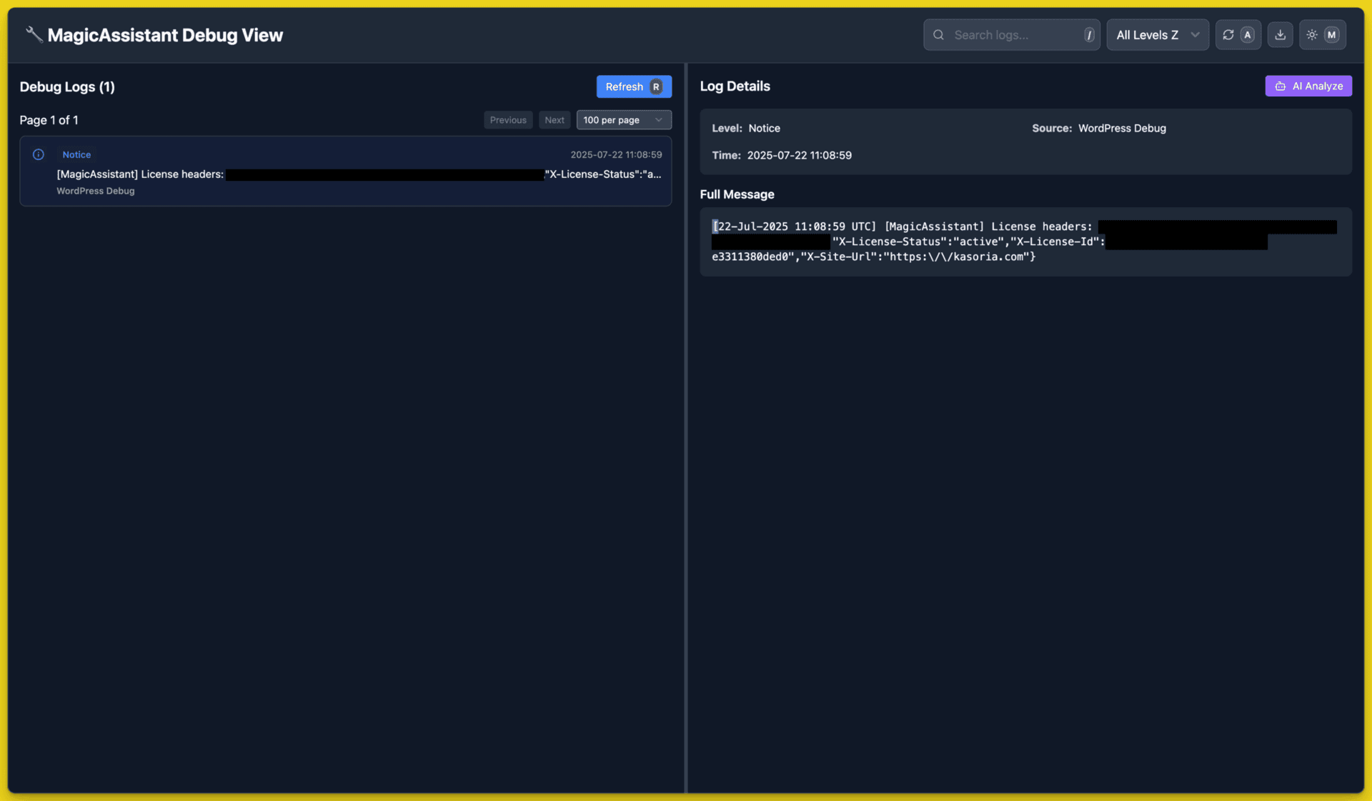 Software debugging interface showing license status log