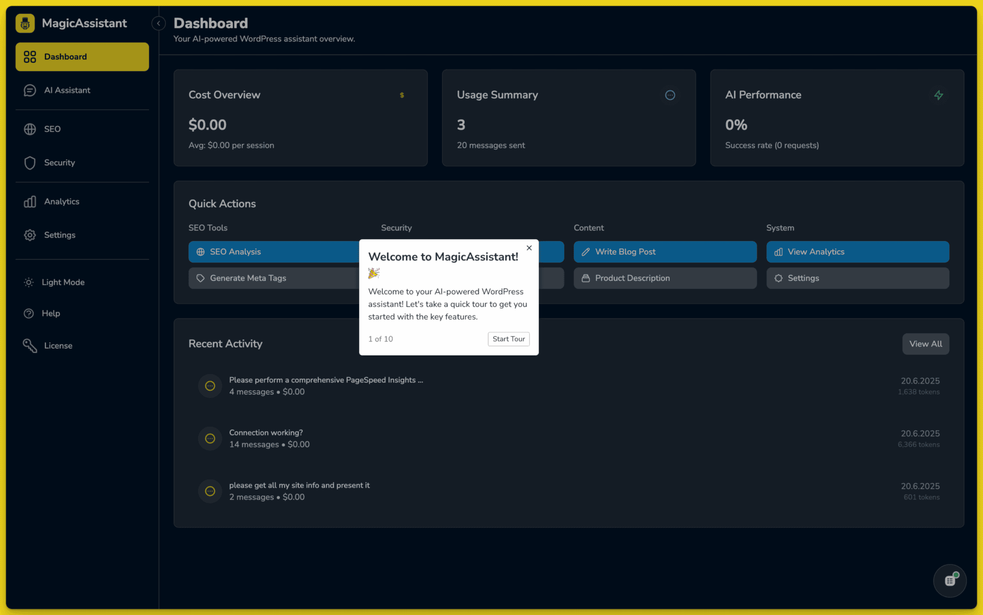 Screenshot of MagicAssistant dashboard with various analytics