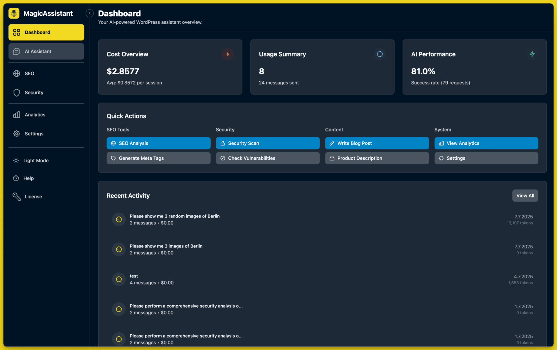Screenshot of MagicAssistant Dashboard with analytics and settings