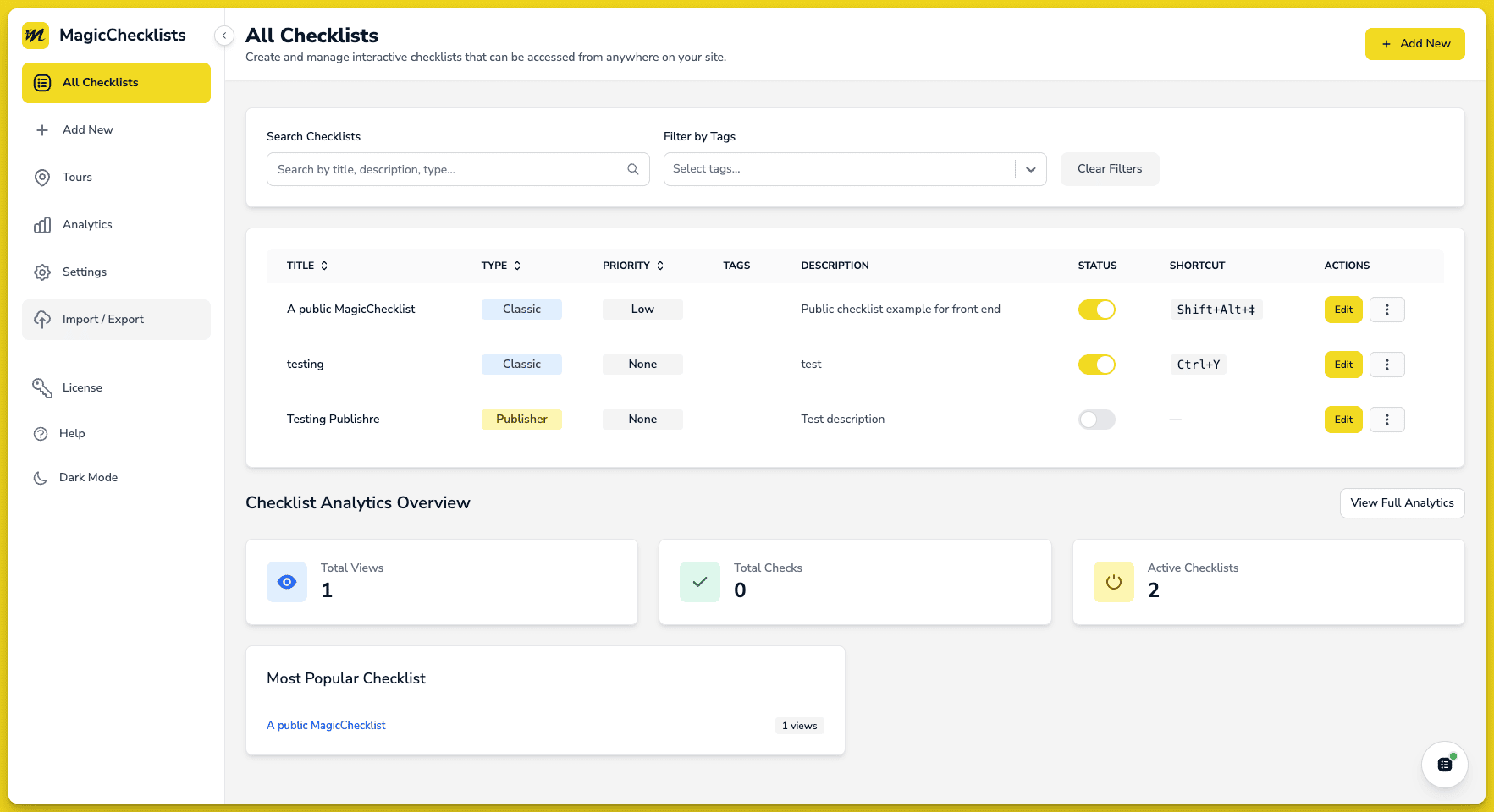 Screenshot of MagicChecklists application interface showing various checklists.