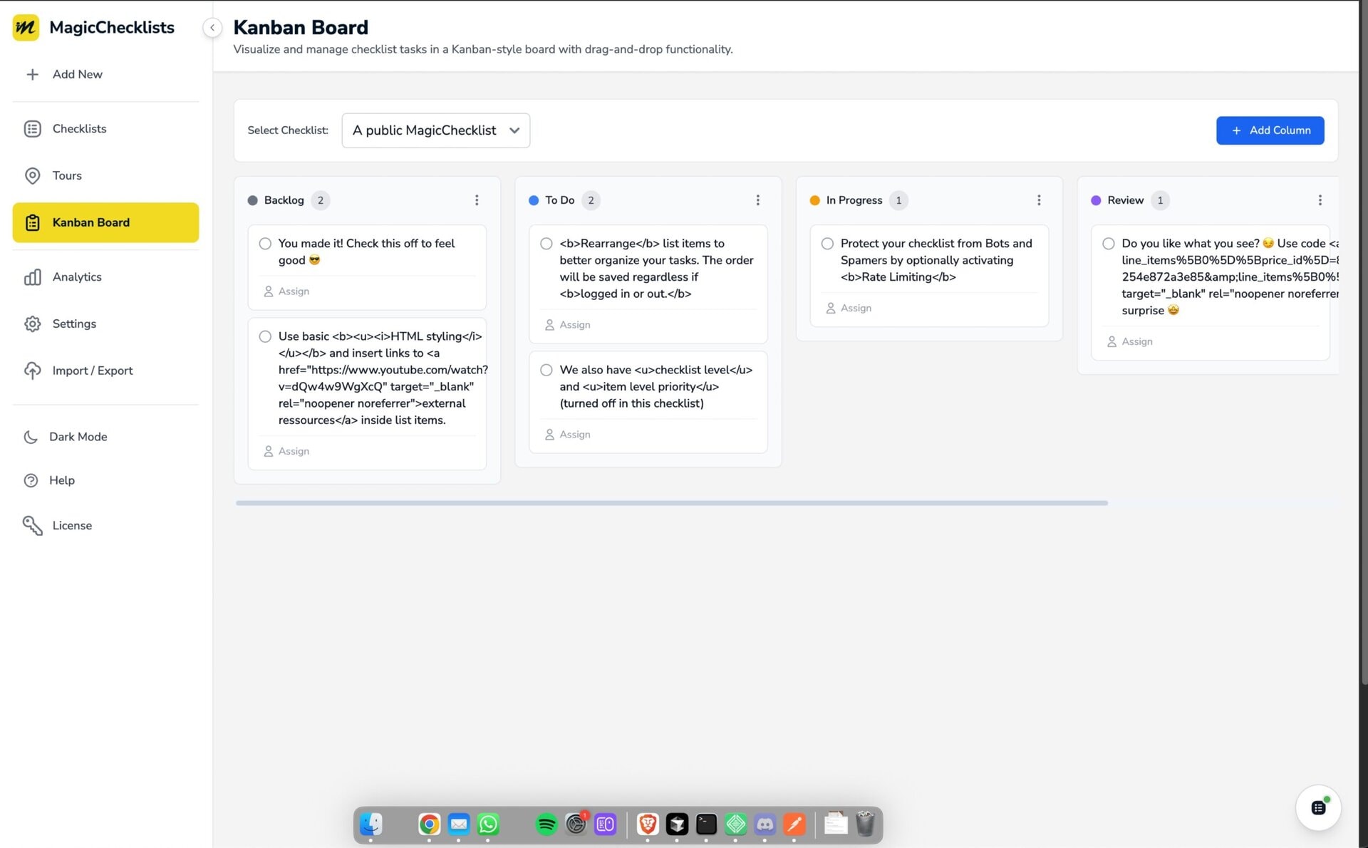 Screenshot of MagicChecklists Kanban Board interface