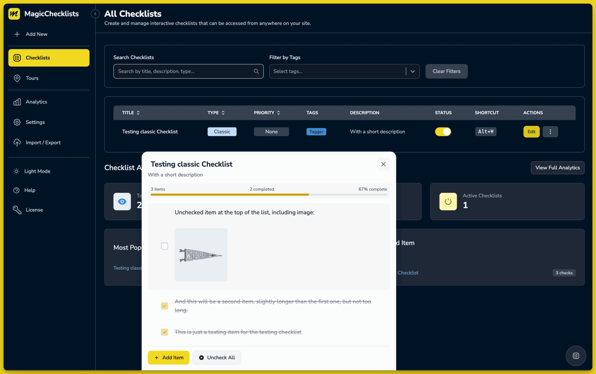 Screenshot of MagicChecklists management platform interface
