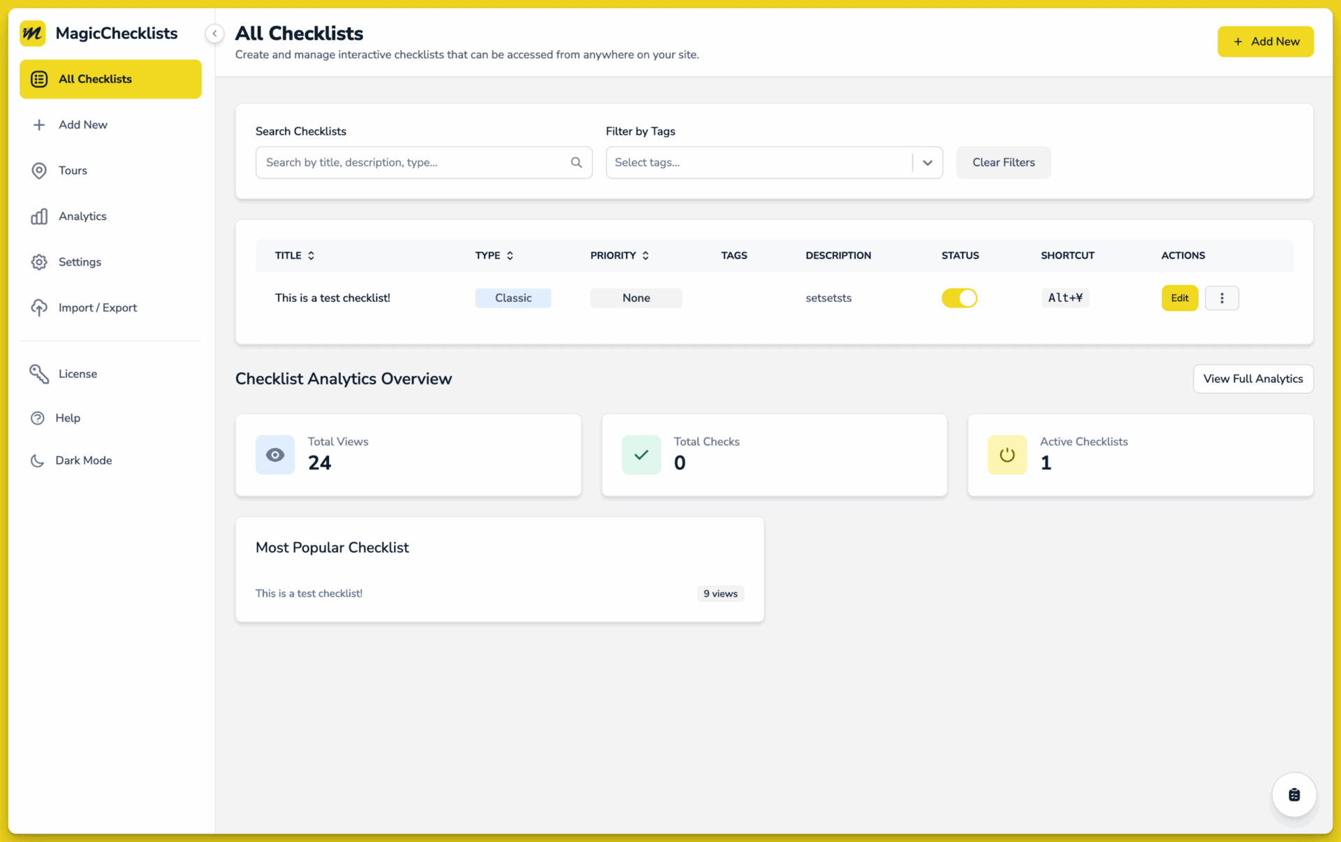 Screenshot of MagicChecklists management interface