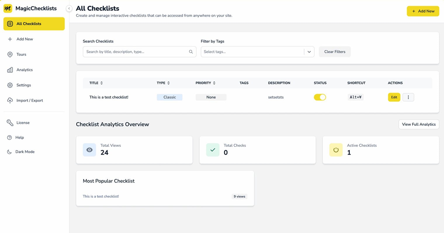 Screenshot of MagicChecklists management interface