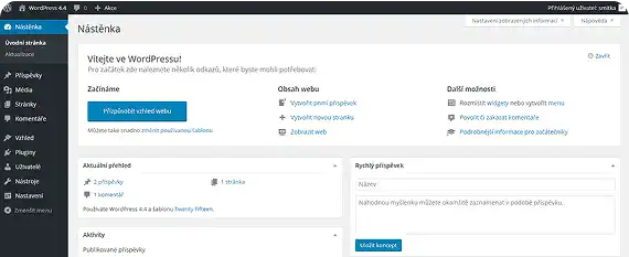 WordPress dashboard interface in Czech language
