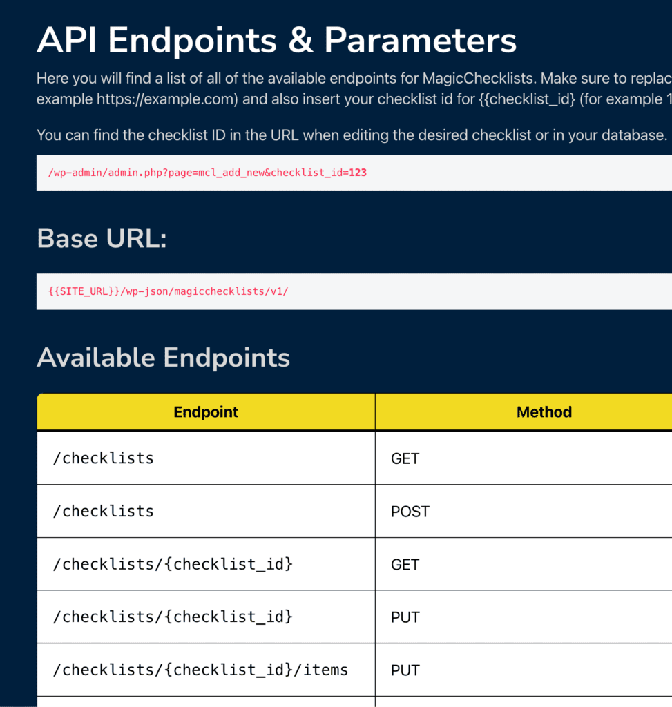 Screenshot of API endpoints and parameters documentation