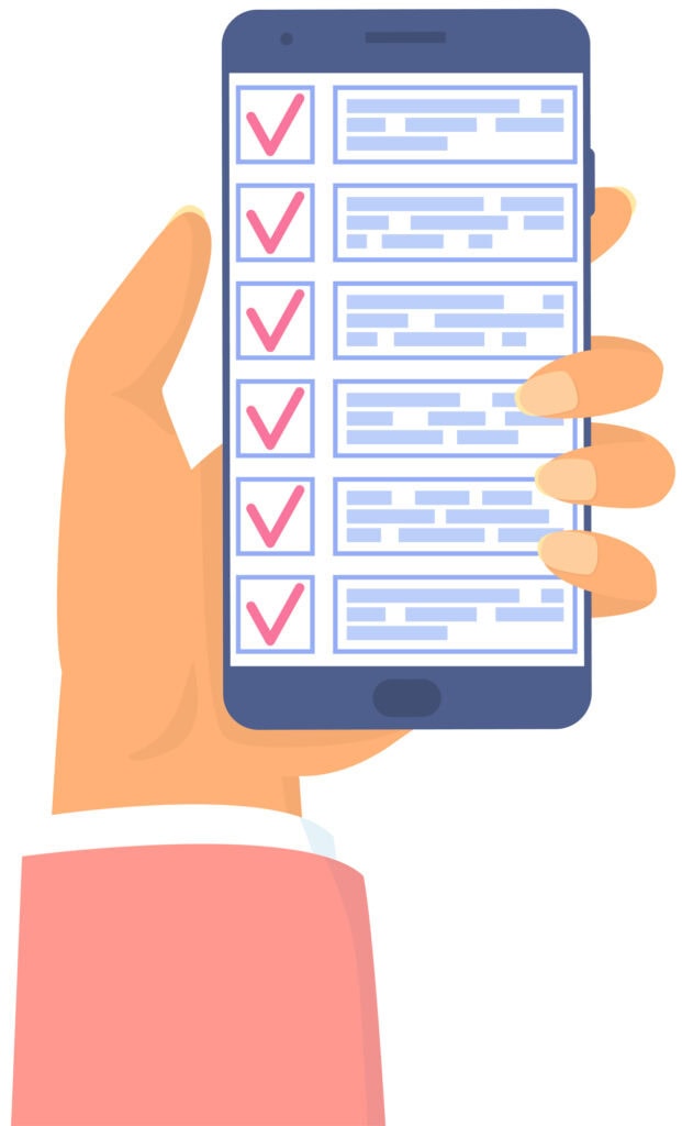 Hand holding smartphone with checklist on screen